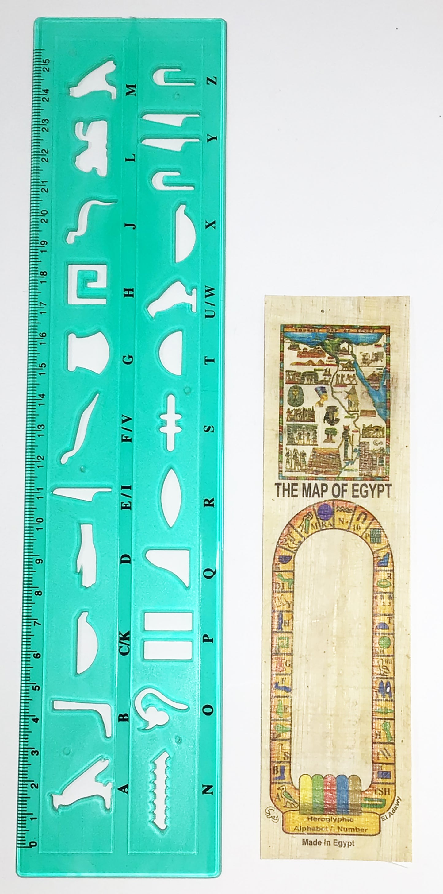 Hieroglyphic stencil, ruler, and bookmark