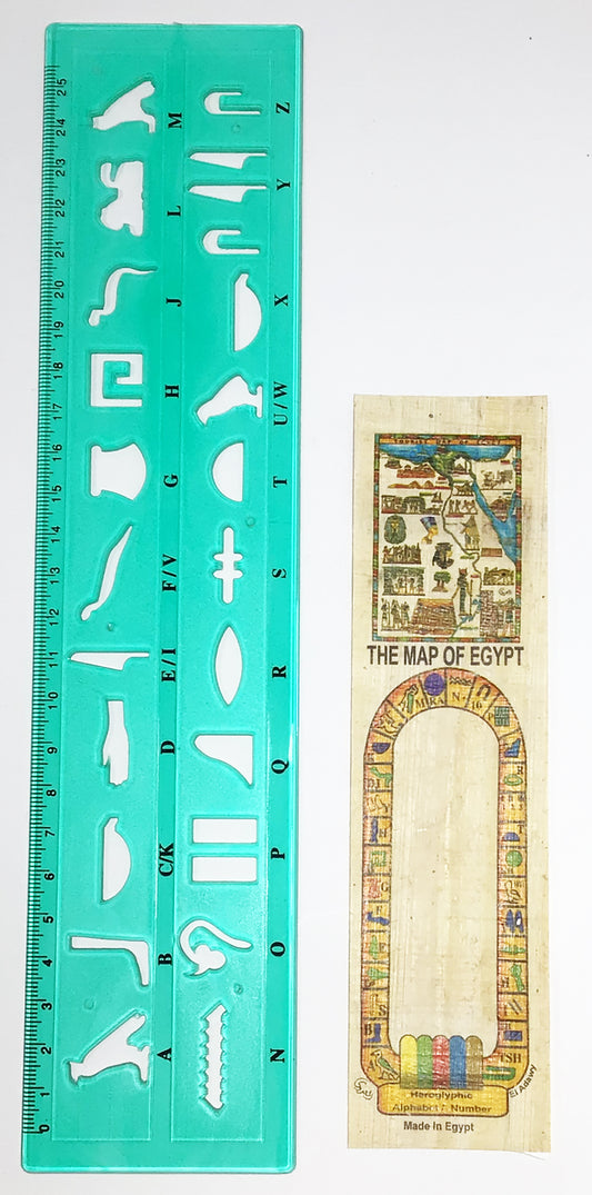 Hieroglyphic stencil, ruler, and bookmark